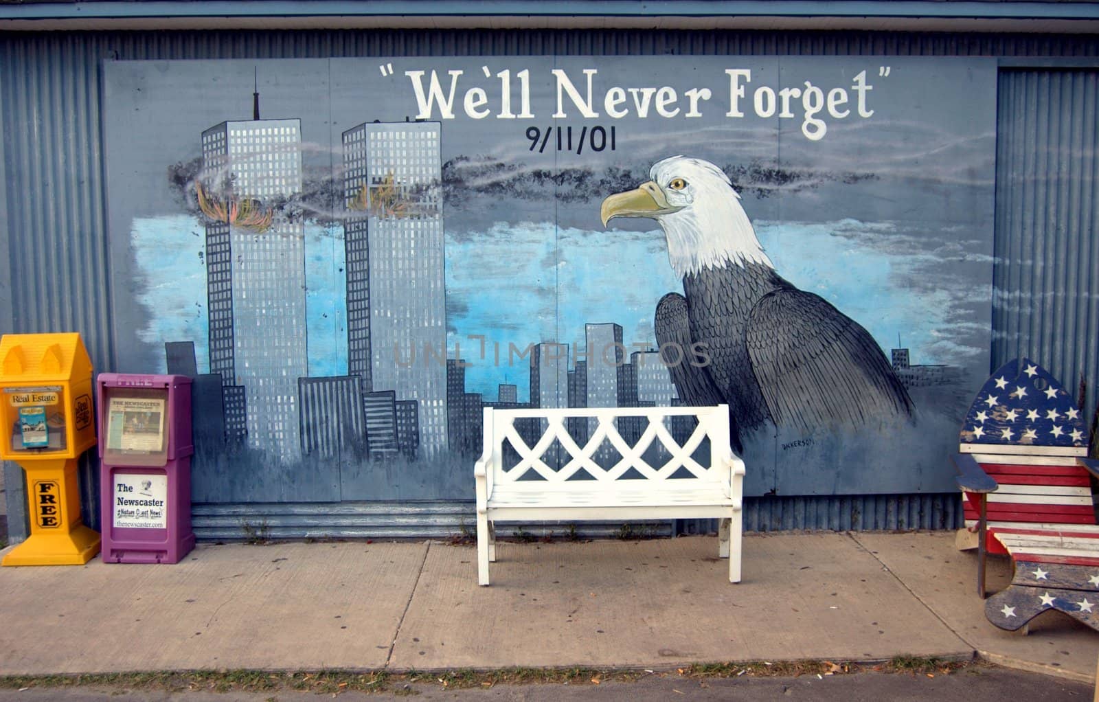 September 11th wall mural with bench and chair