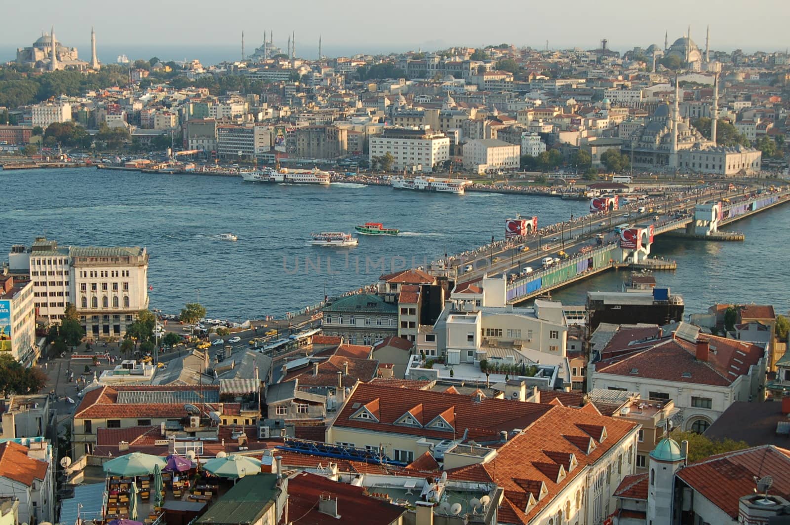 Historic Istanbul and galata bridge seen from Galata Tower