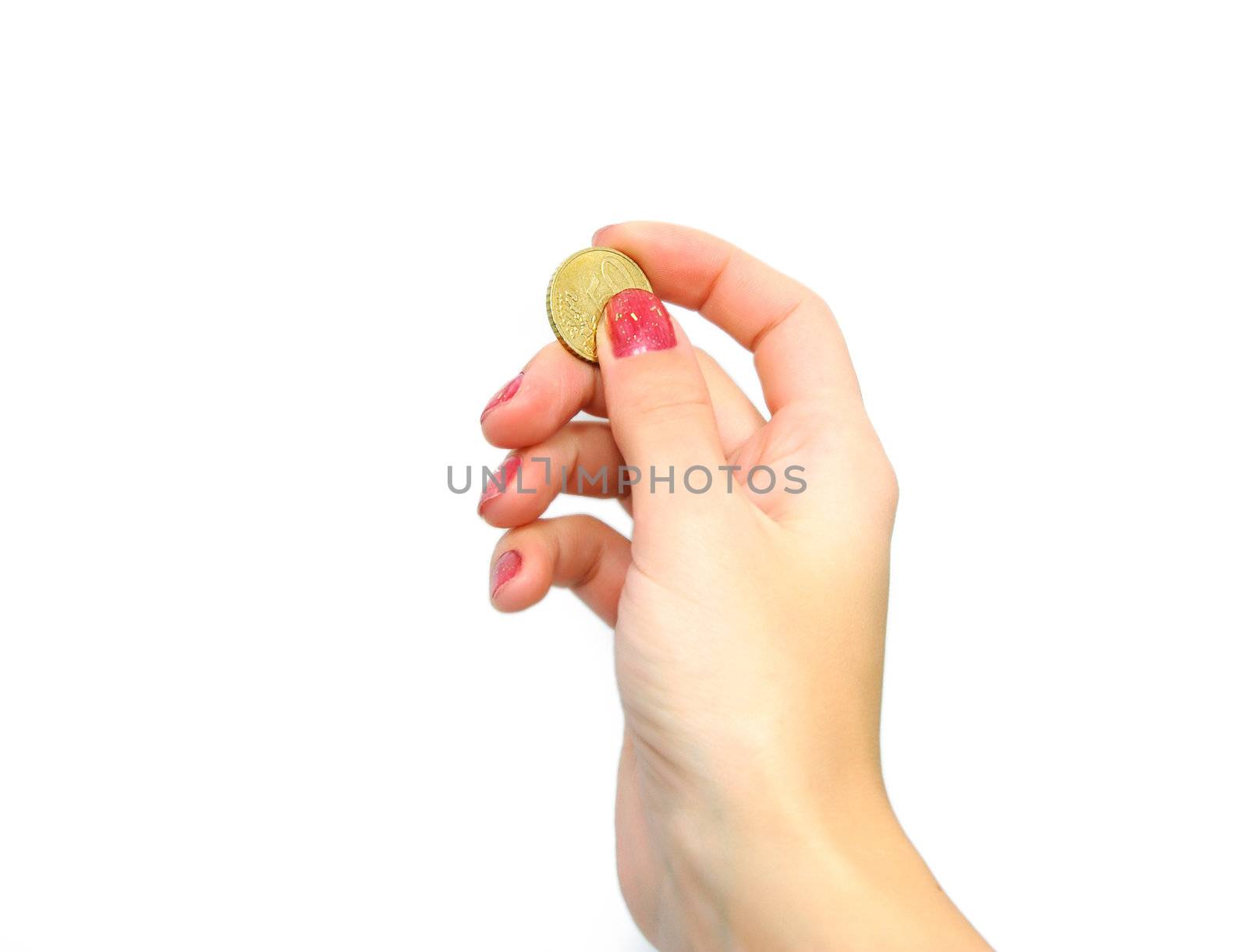 Female hand holding coin isolated on white