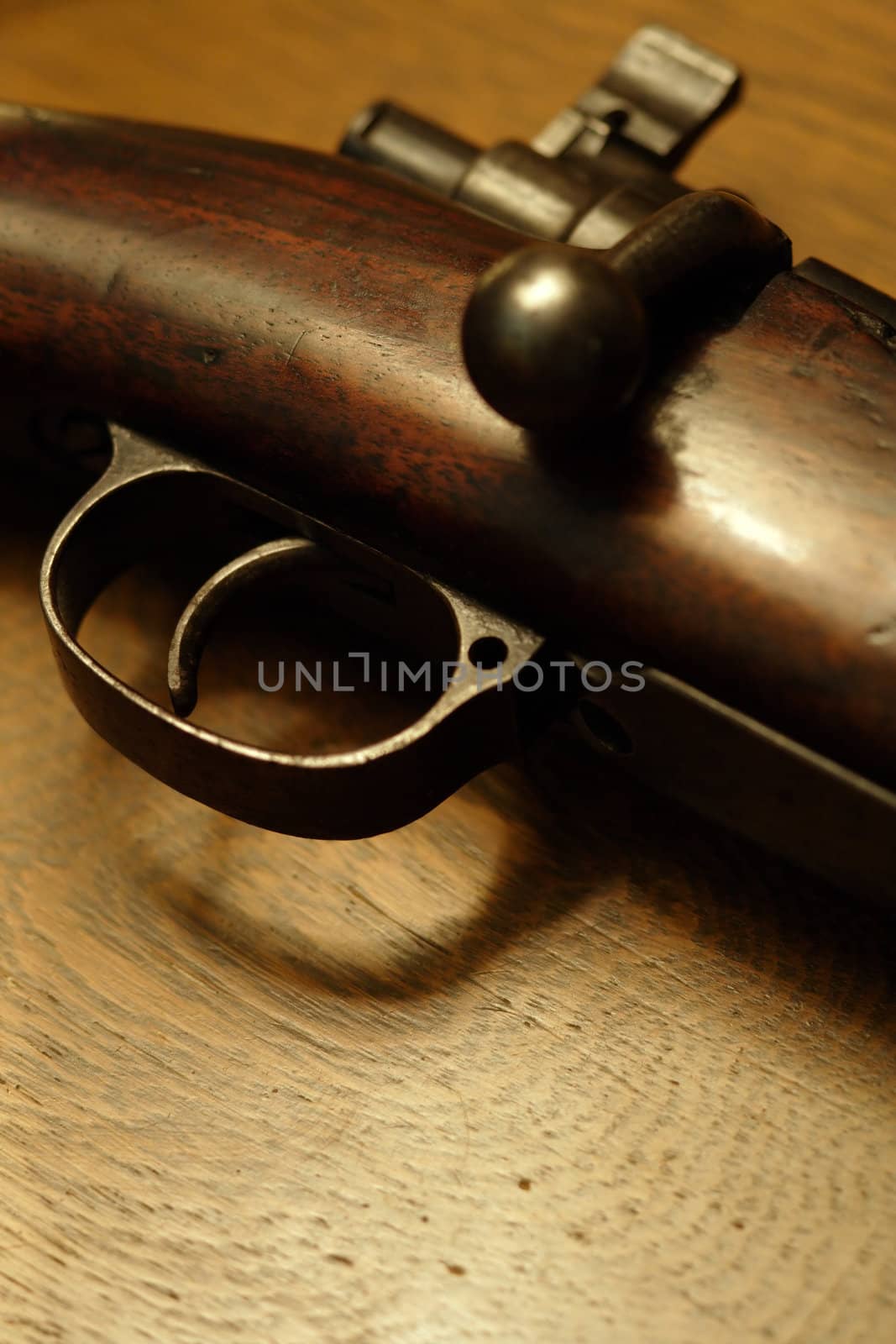 Very shallow depth of field image of the trigger of an old shotgun.  Focus is on the tip of the trigger.
