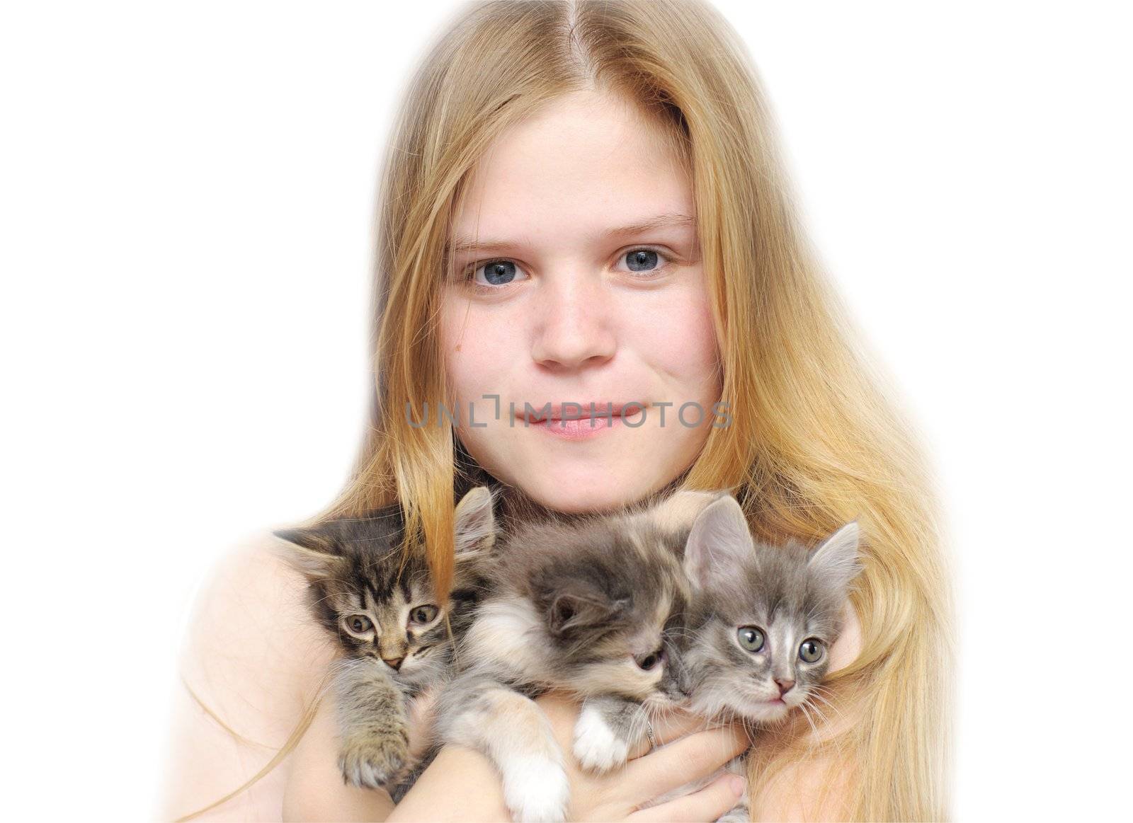   young girl and three tiny kittens