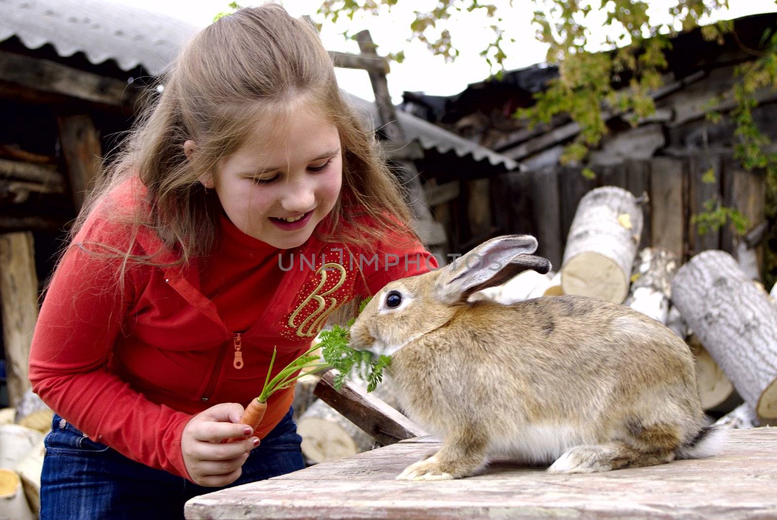 smiling girl keeps company with rabbit 