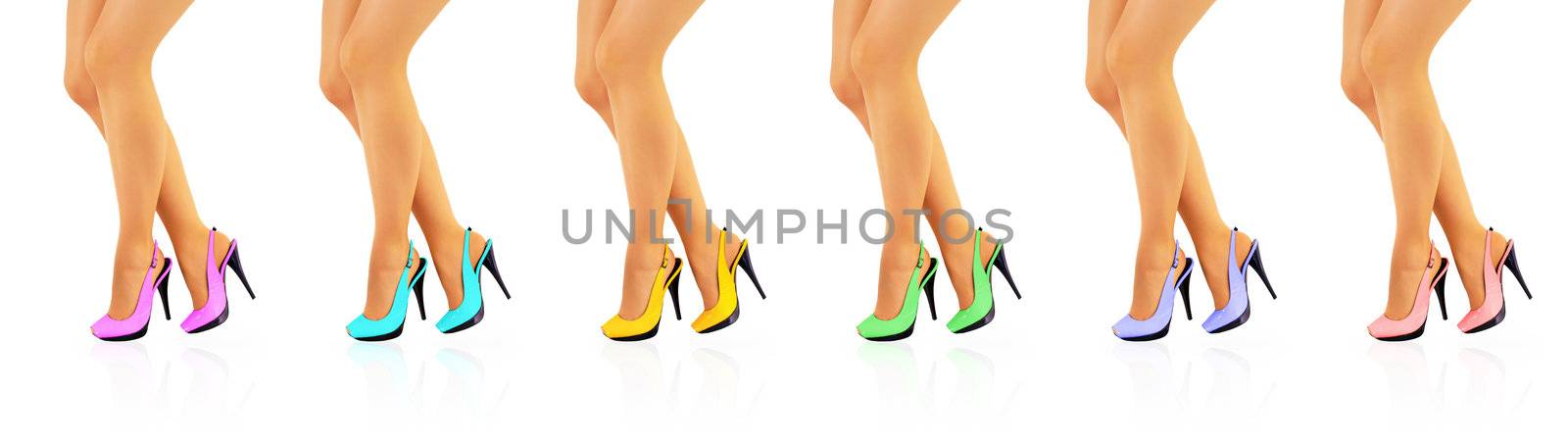 Collage - beautiful women legs in color high heels isolated on white background