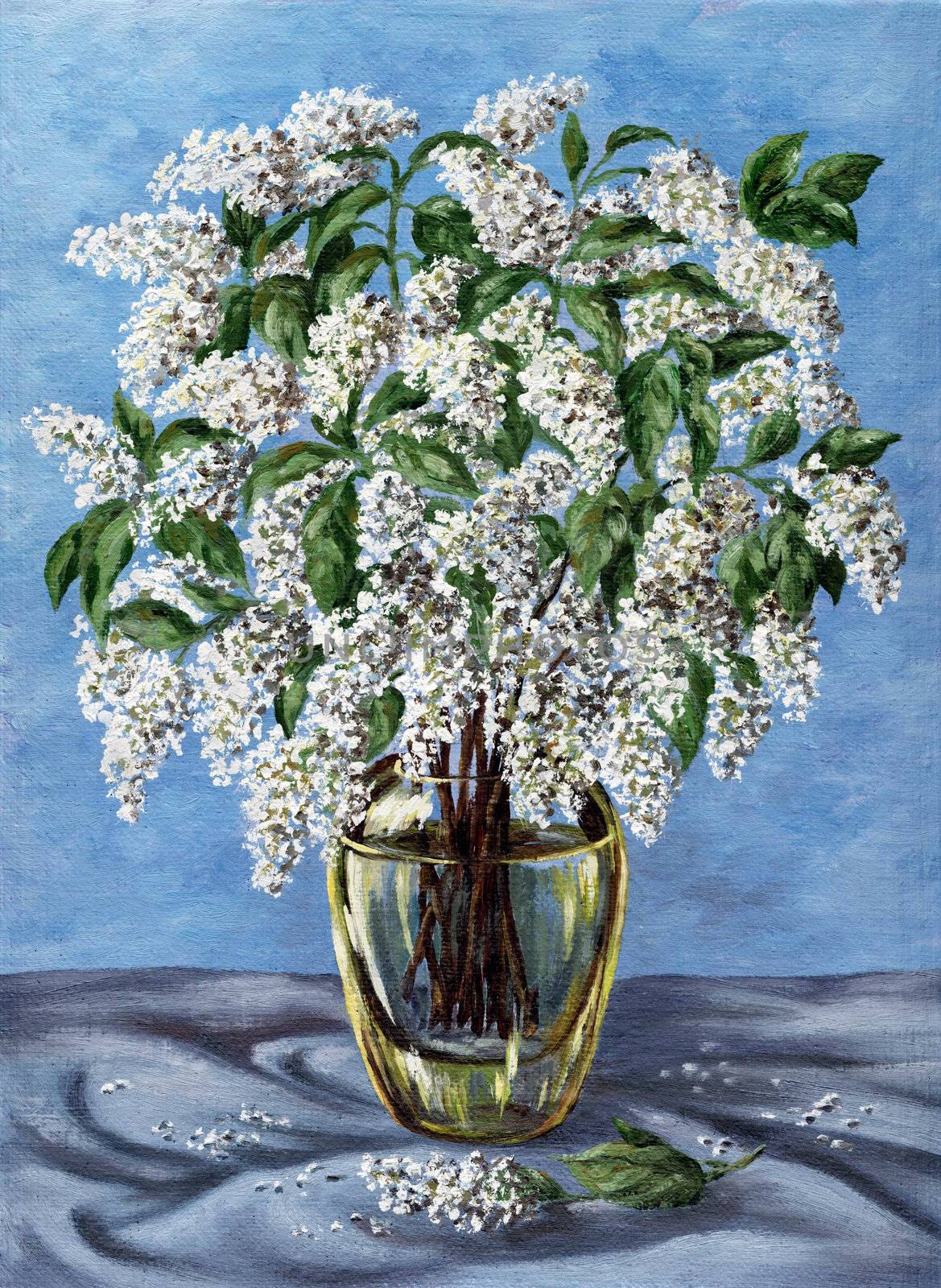 Picture oil paints on a canvas: a bouquet of bird cherry in a glass vase