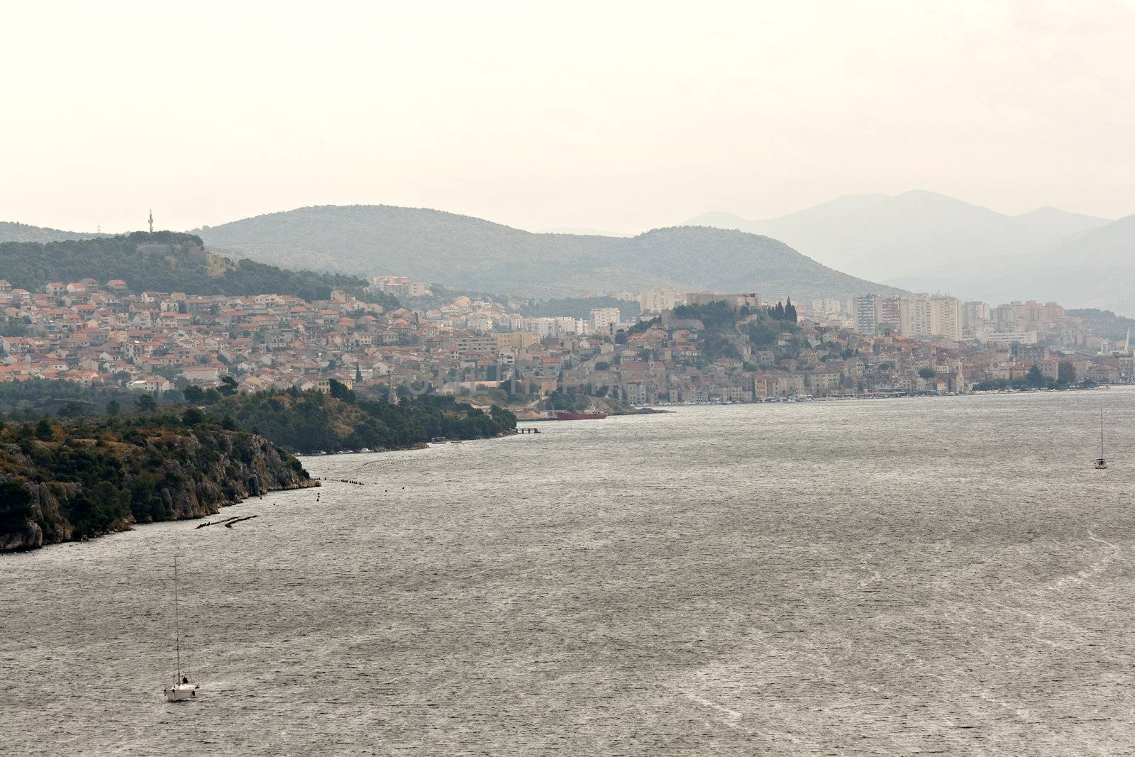 Panoramic photo of the town of Sibenik with the river Krka in Croatia