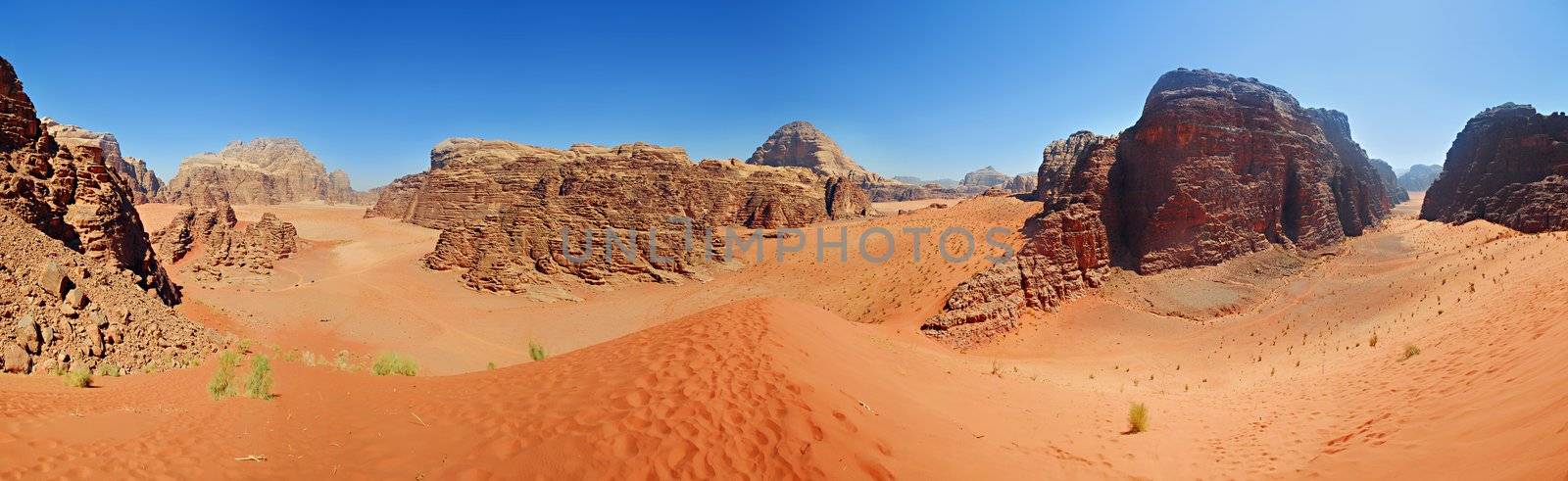Amazing view in desert in Vadi Ram Jordan. Panorama