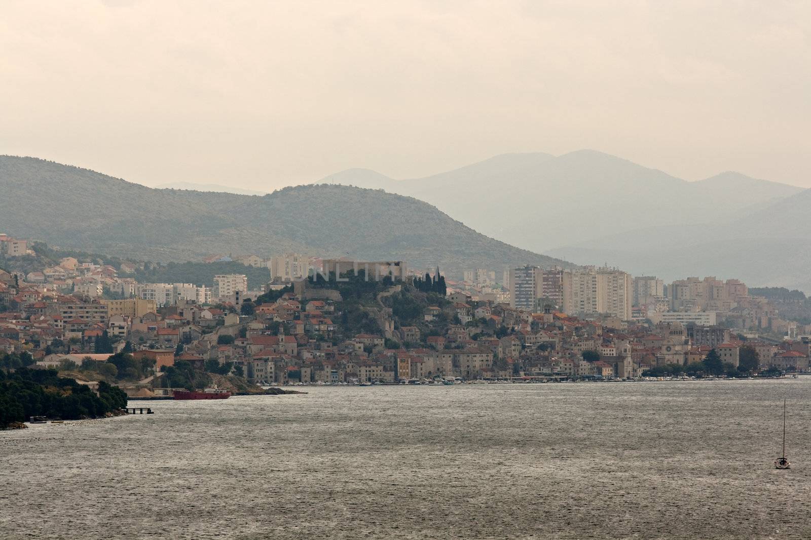Panoramic photo of the town of Sibenik with the river Krka in Croatia