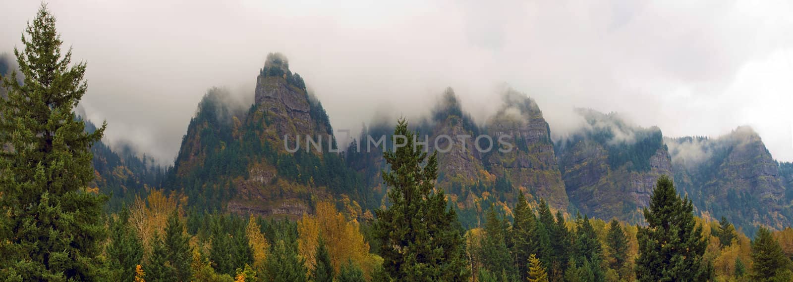 Mountain Mist Along Columbia River Gorge Oregon in Fall Panorama