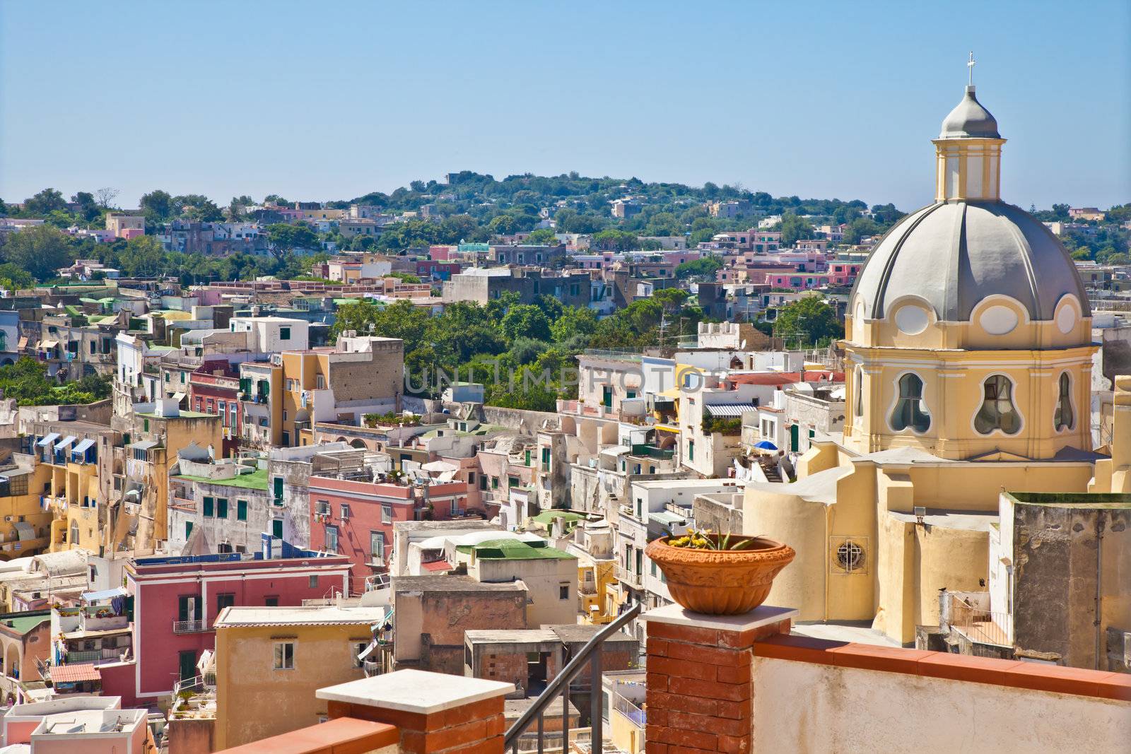 Panoramic view of Procida Isle, in Naples Gulf, Italy