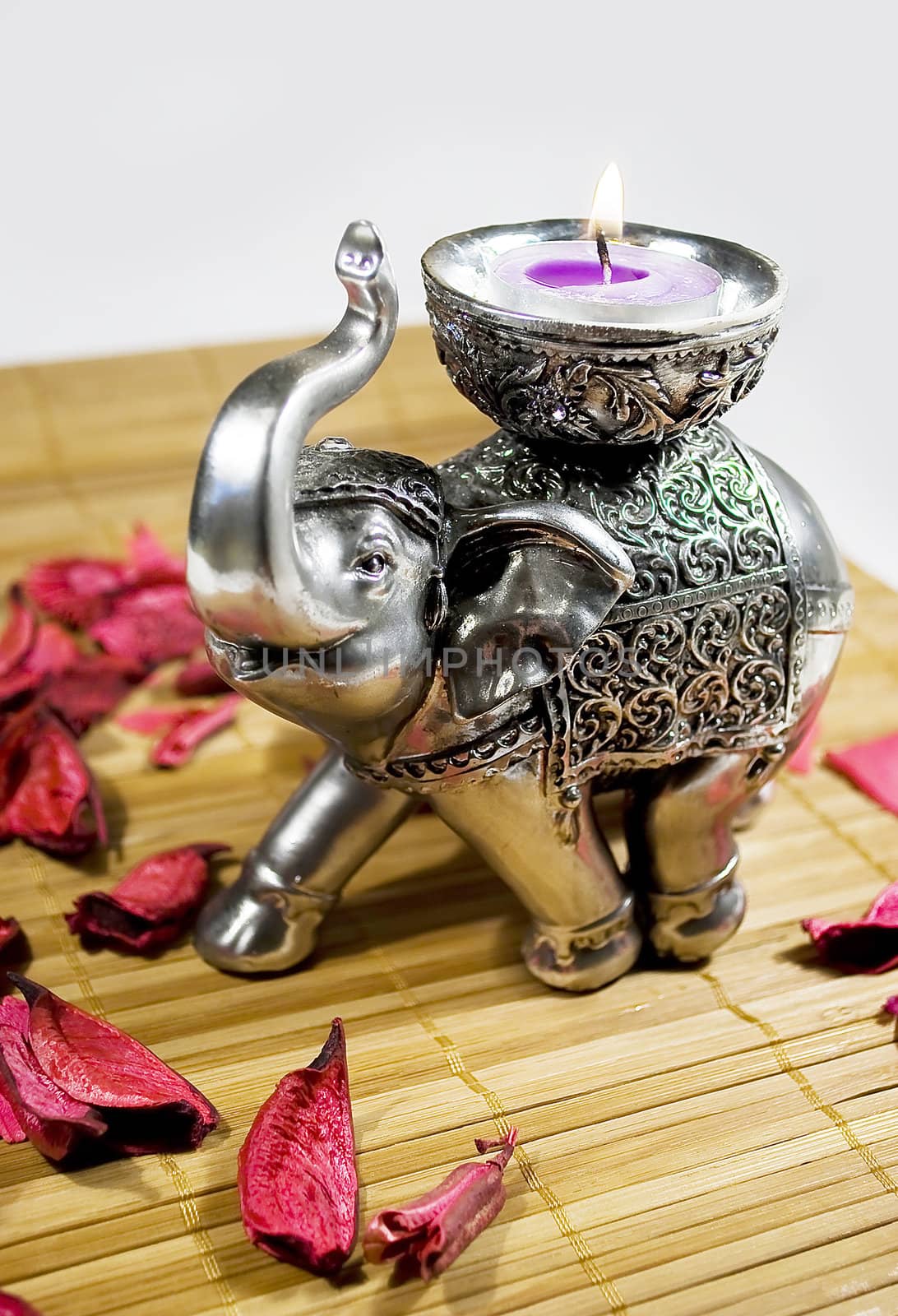 silver elephant statue with little purple candle and red dry flowers over wooden texture