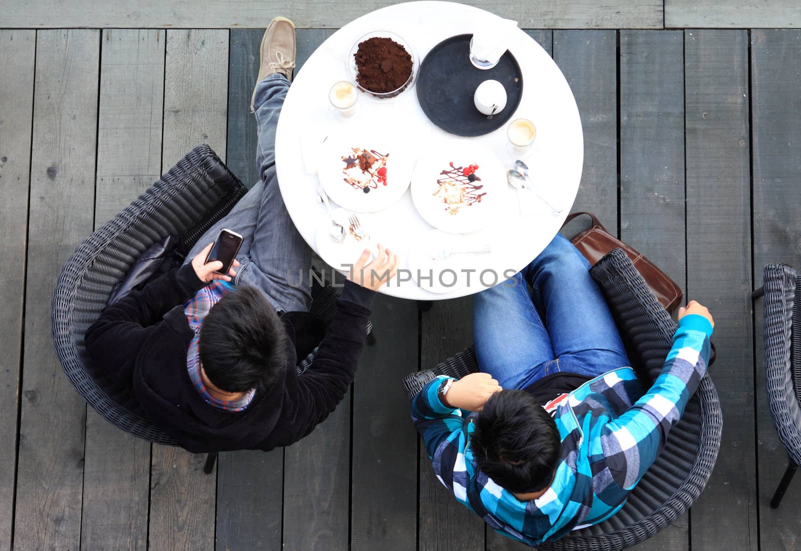 Aerial view of two man talking