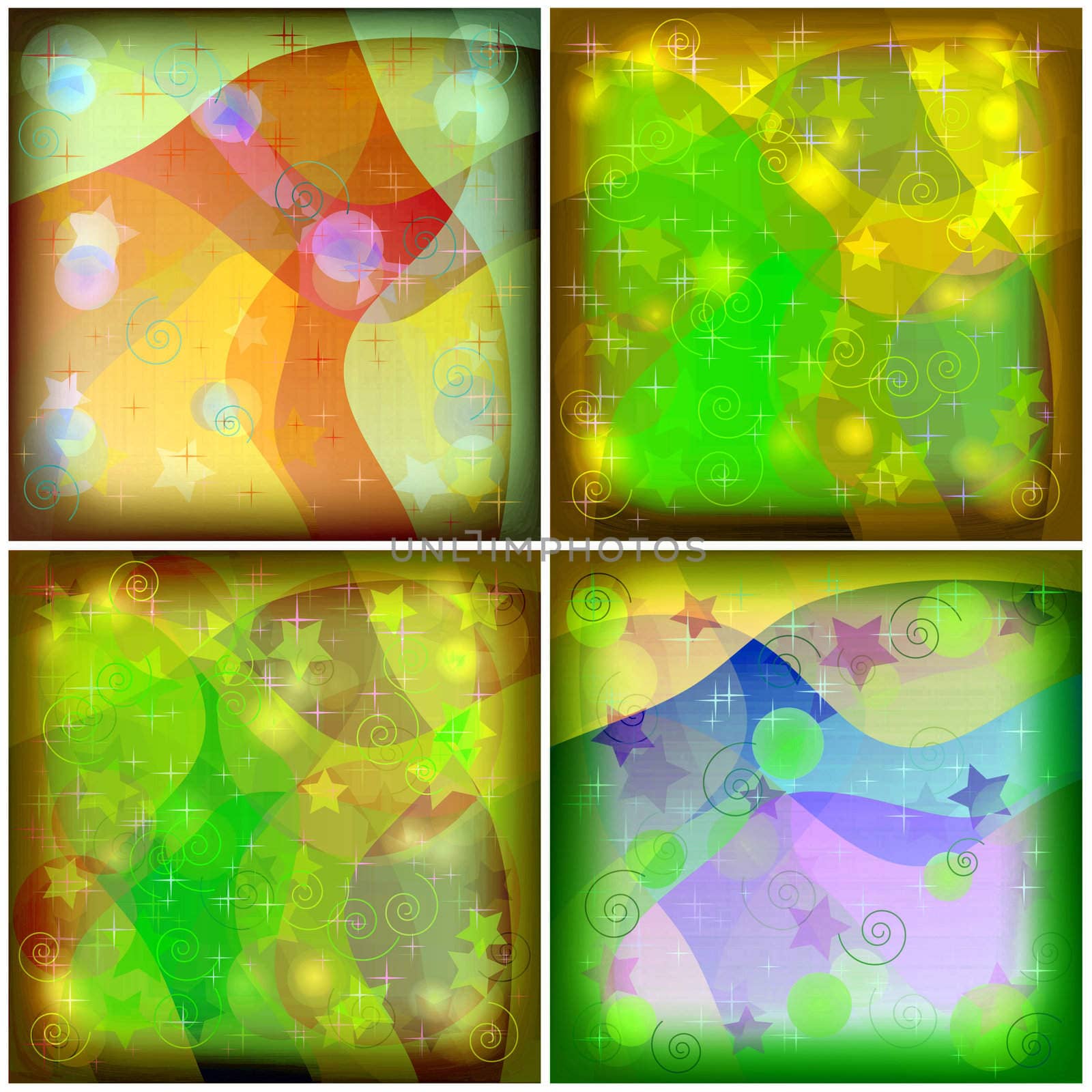 Set abstract various colored backgrounds, patterns with curves, stars and circles