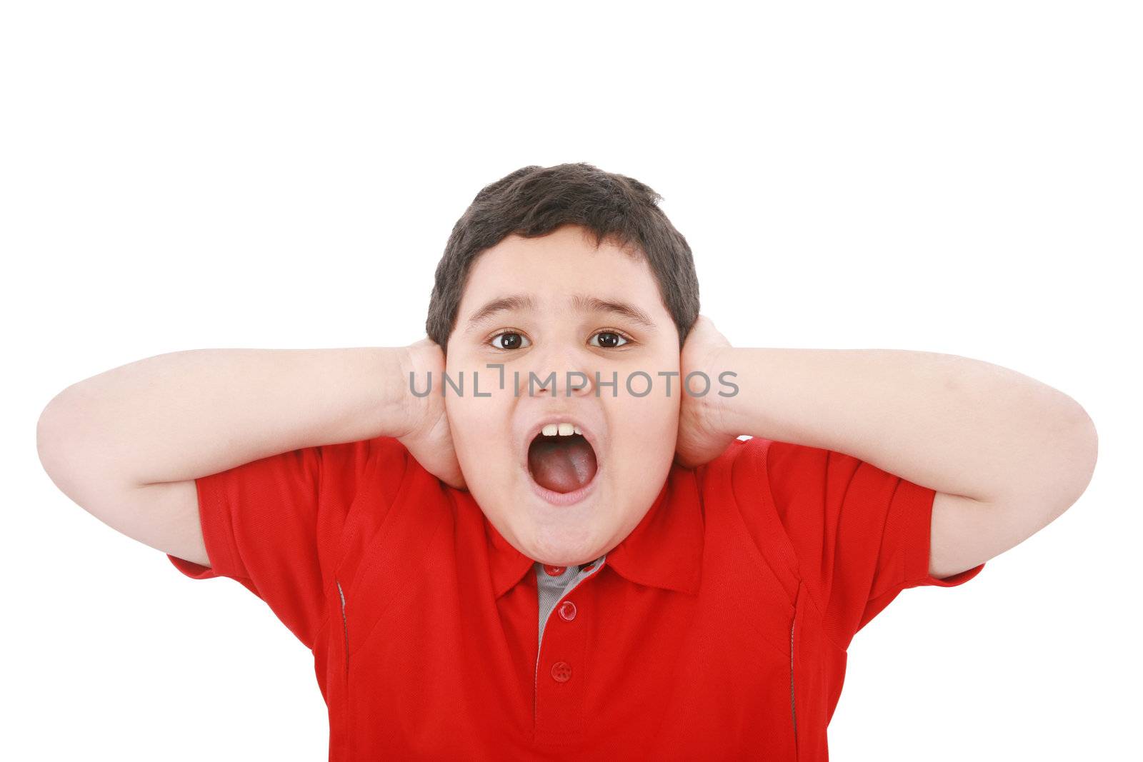 Horizontal portrait of a young boy yelling