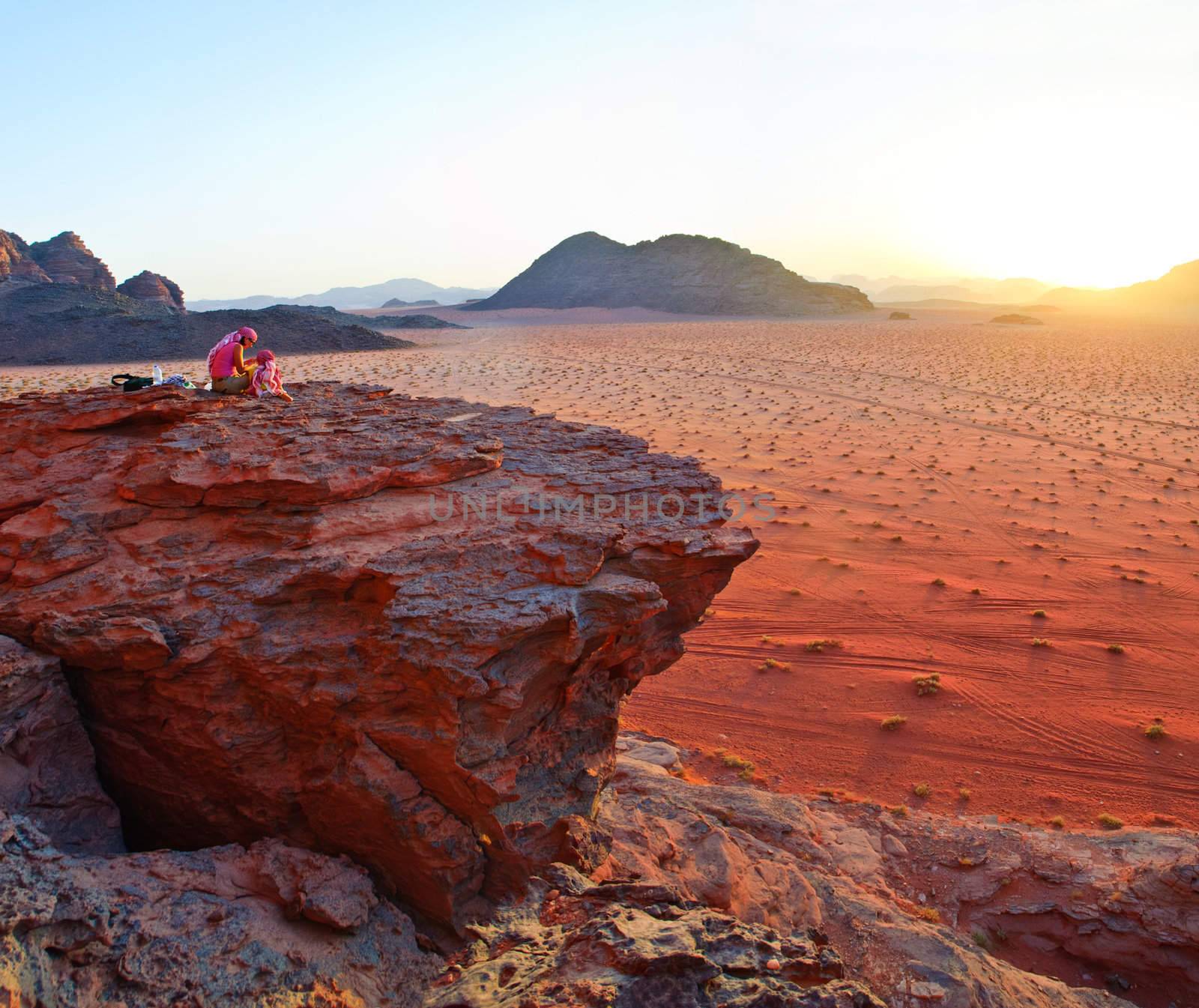 Sunset. Amazing view in desert in Vadi Ram Jordan. Panorama