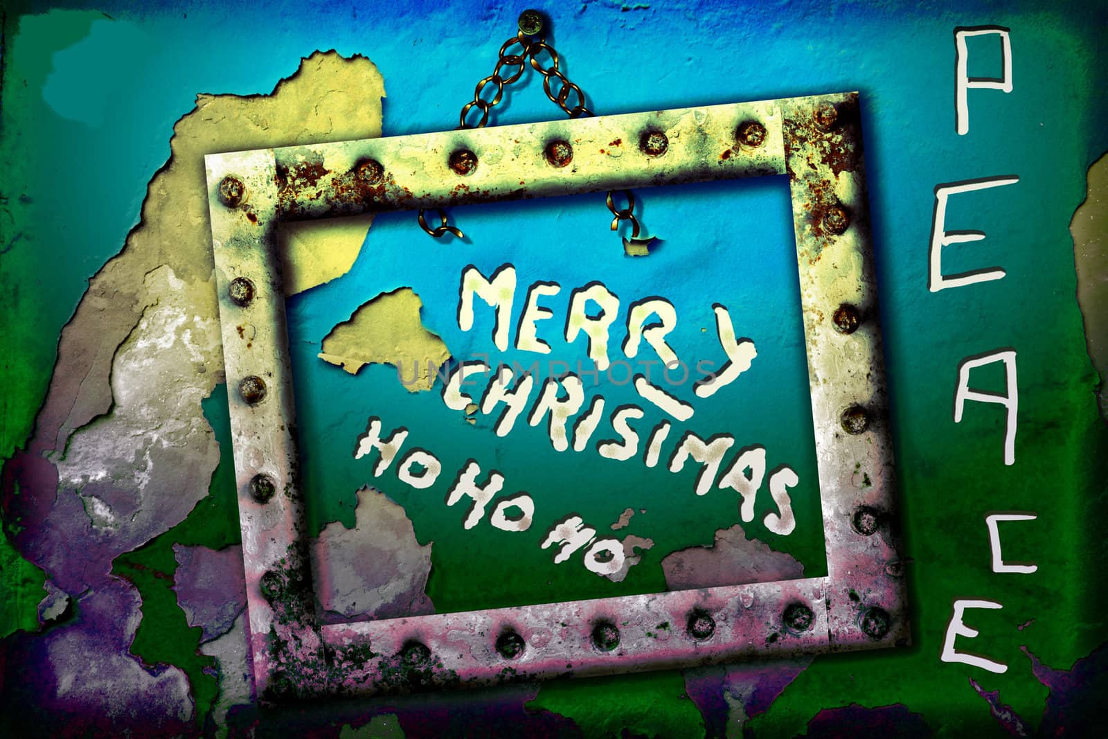 Christmas card, greeting santa in an old broken wall