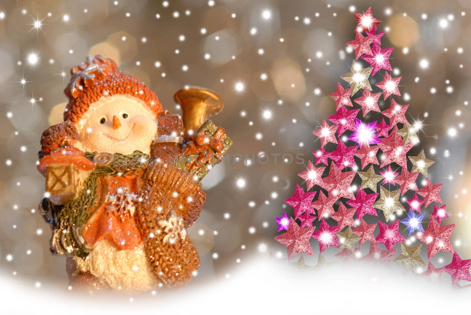 Christmas greeting cards, cute snowman and fir stars