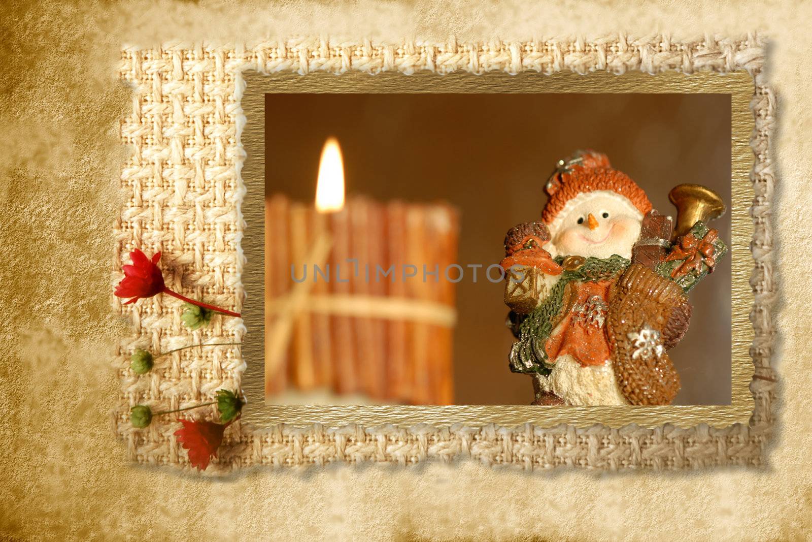 Christmas Cards snowman picture frame and rustic background