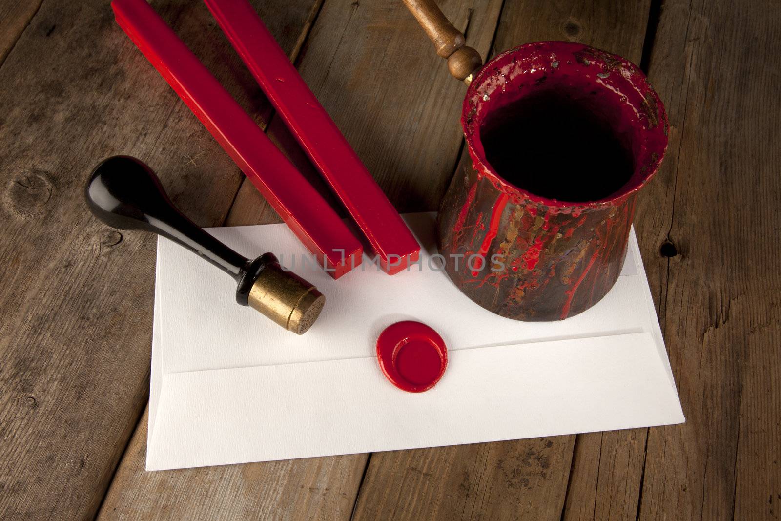 Red wax staff with stamp, pot and letter