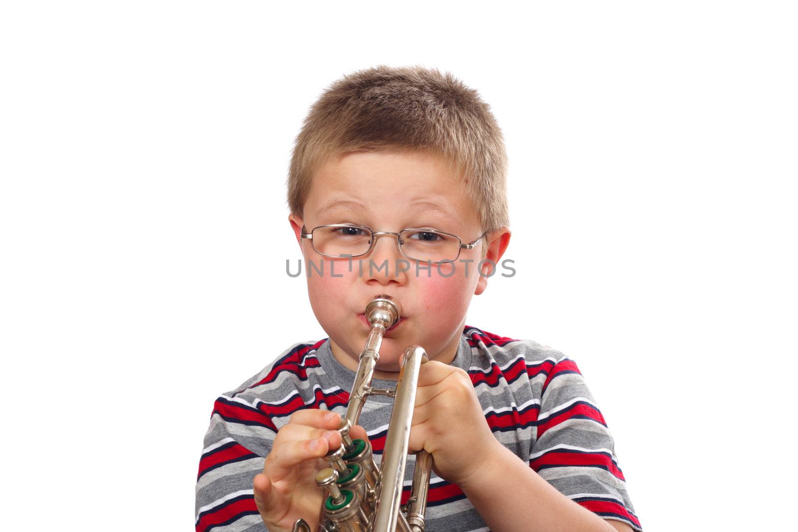 Boy Blowing Trumpet photo on the white background