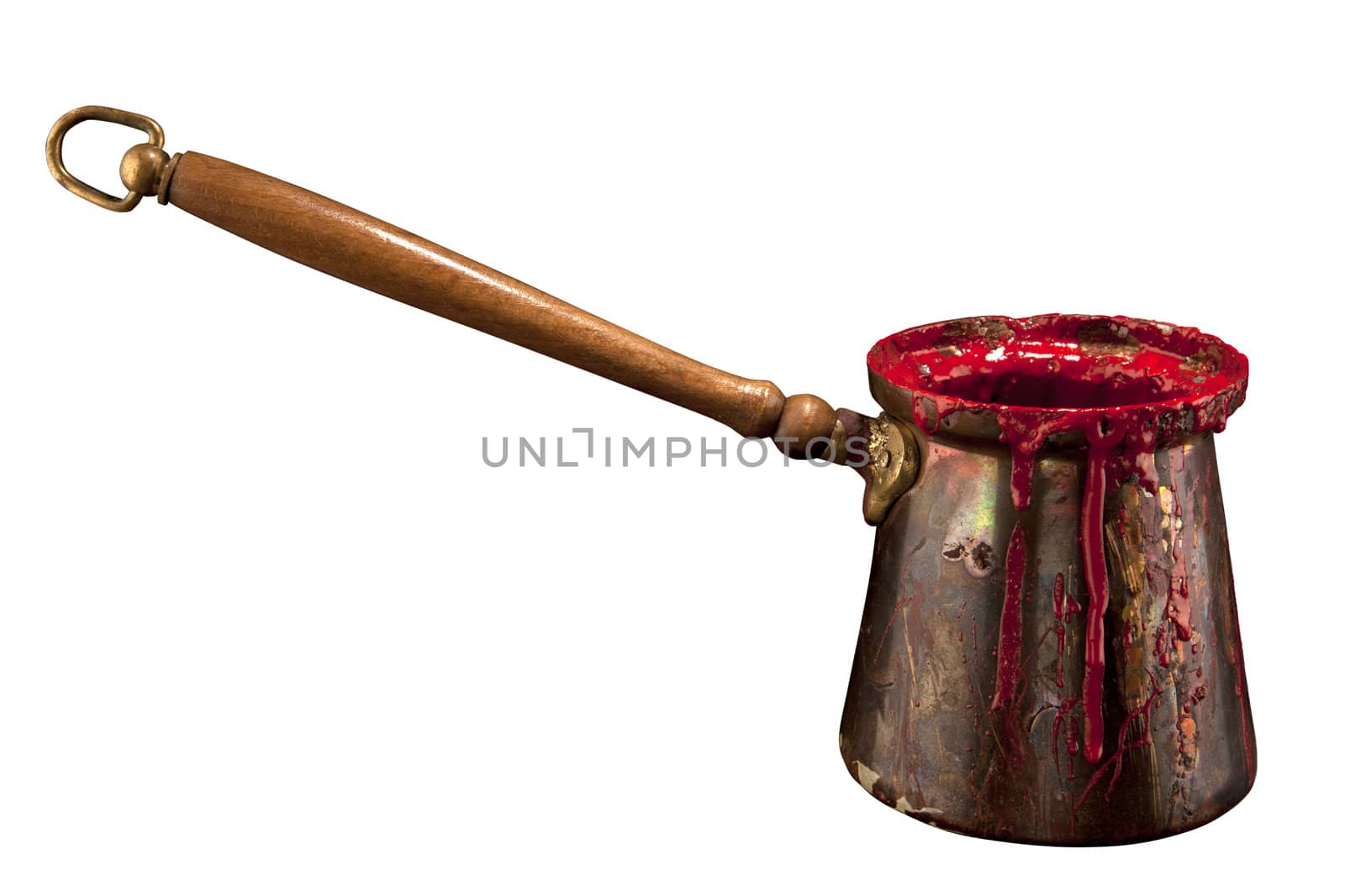 Old vintage copper pot with seal wax on  white background 
