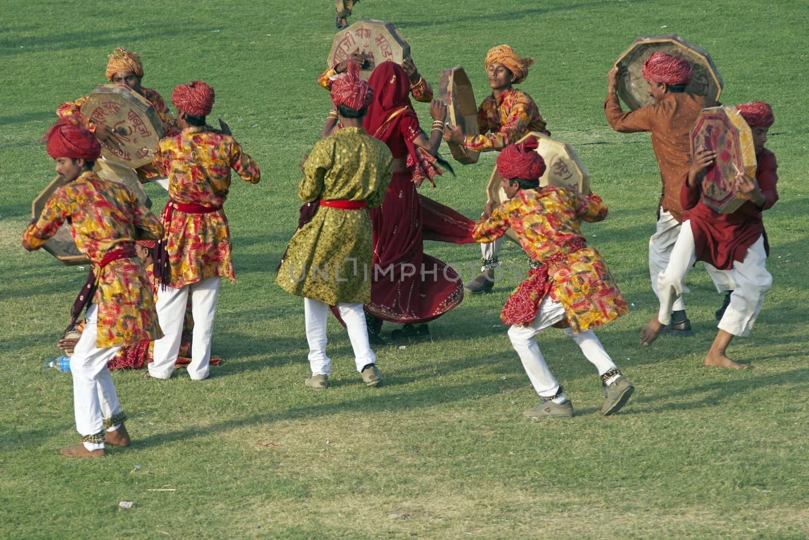 Group of dancers performing at the annual elephant festival in Jaipur, Rajasthan, India.