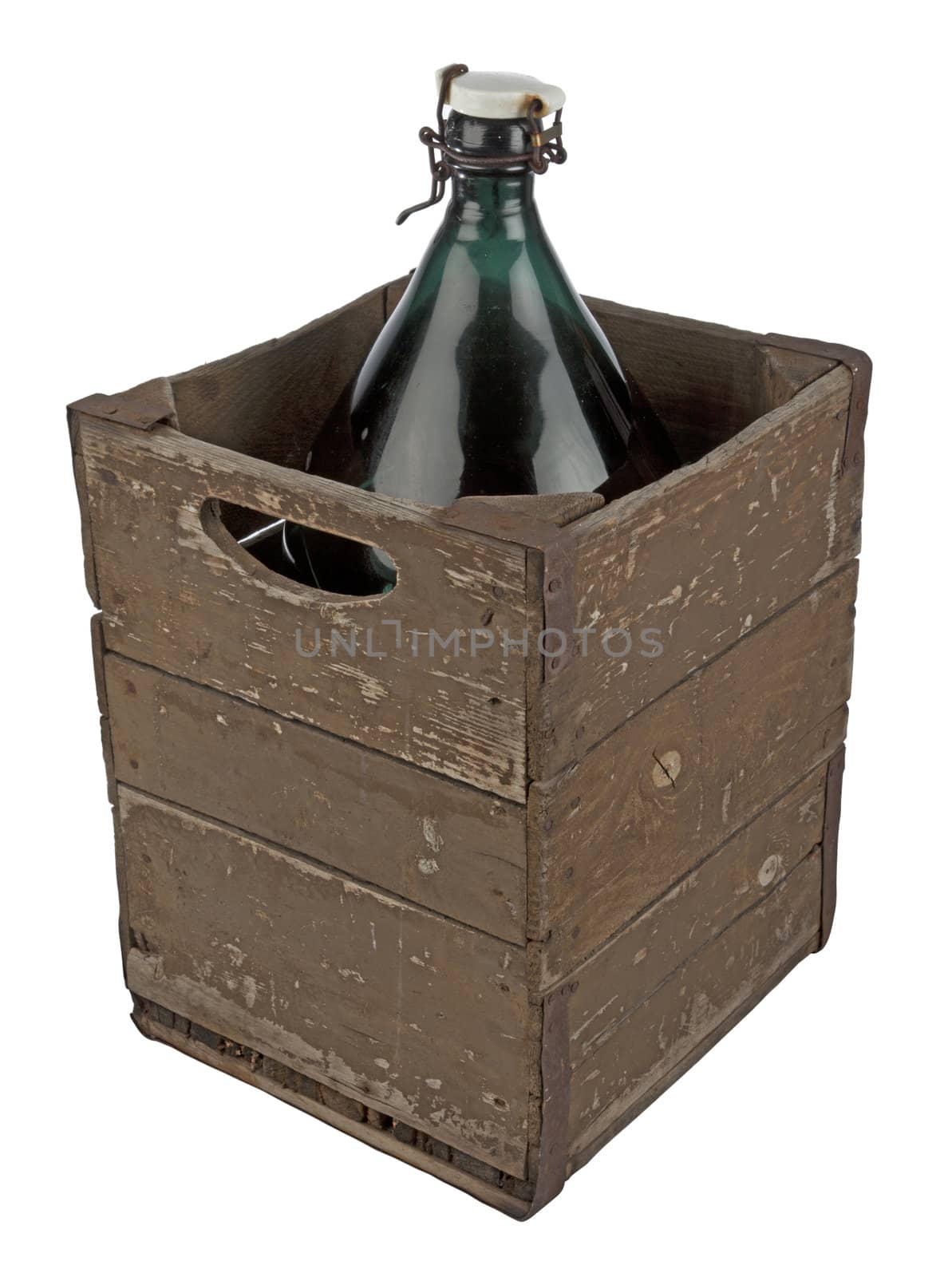 A wooden case of antique bottle with white background