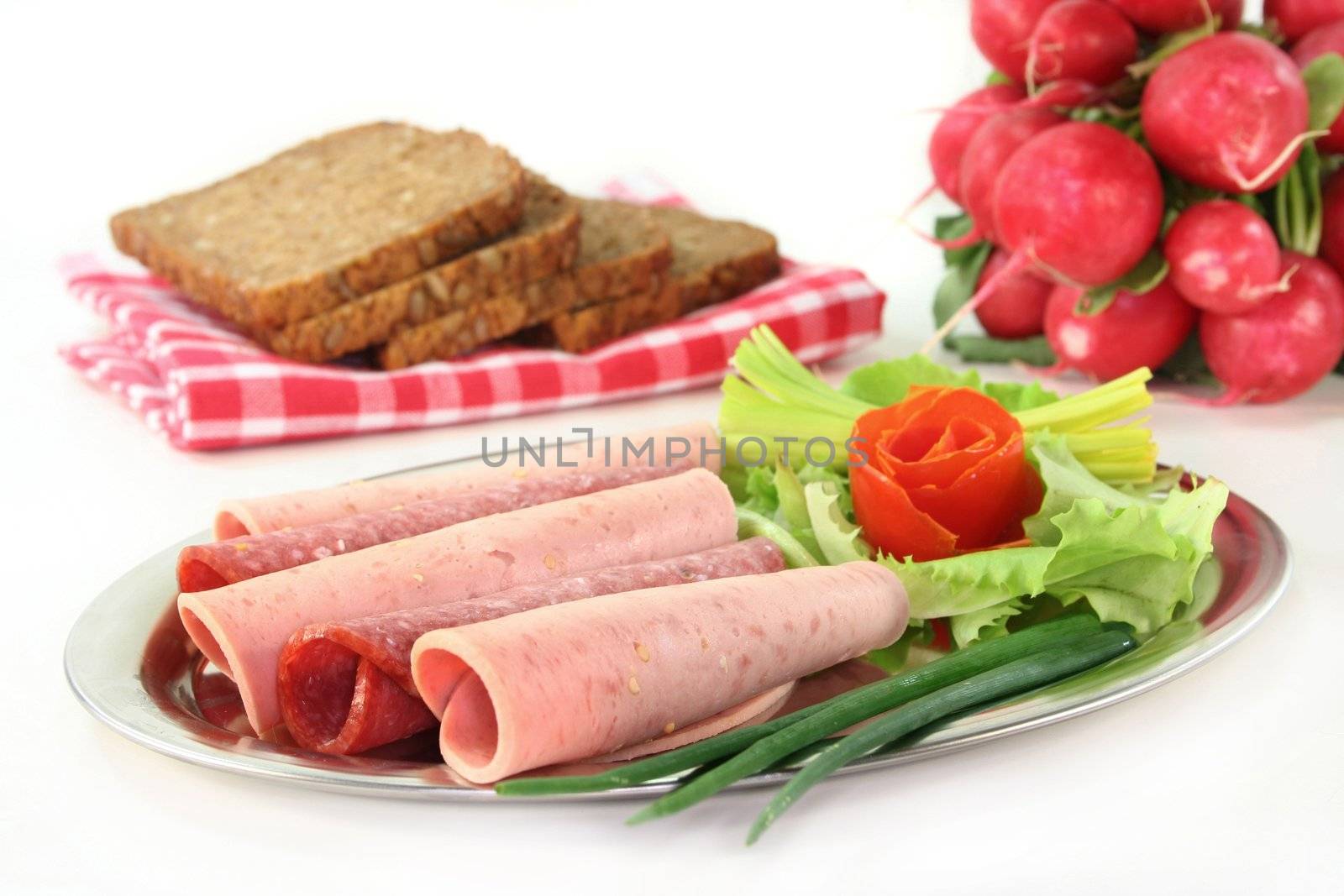 Salami and beer sausage with fresh vegetables