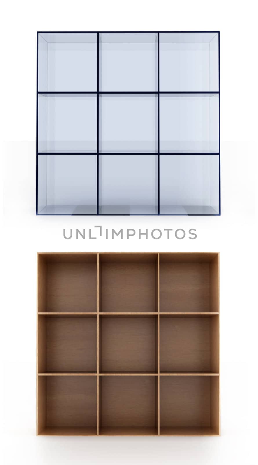 3D shelves on white background. Glass and wood material