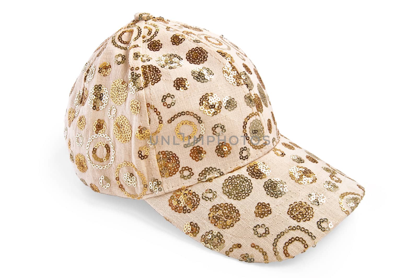 Beige cap with the pattern is isolated on a white background