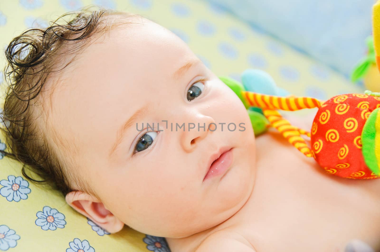 Beautiful cute baby boy is lying in a bed.