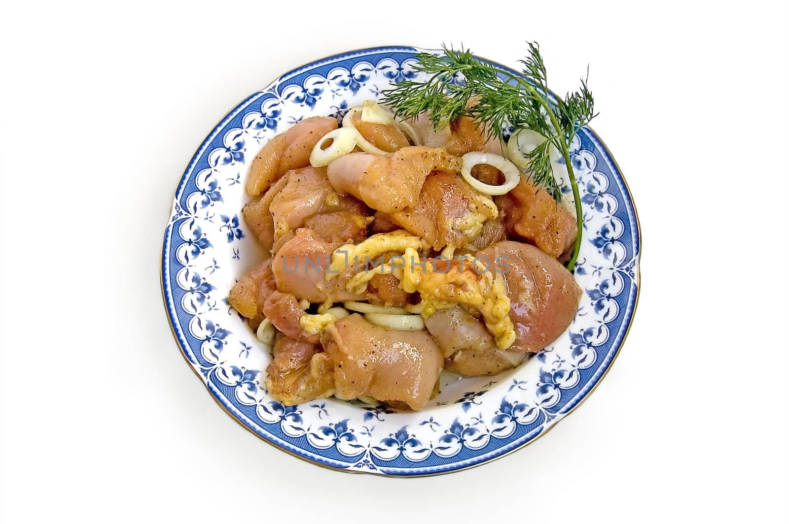 Chicken with spices, dill and onion slices on a plate on a white background