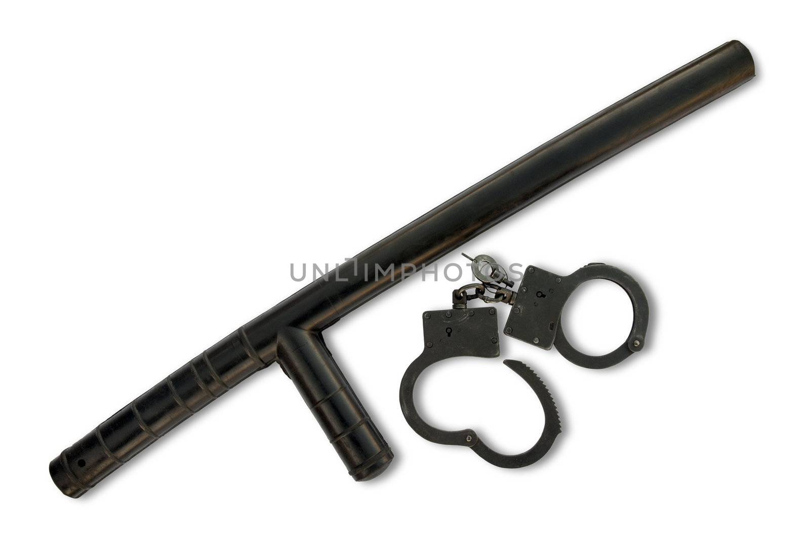 Police baton with handcuffs  isolated on white with clipping path