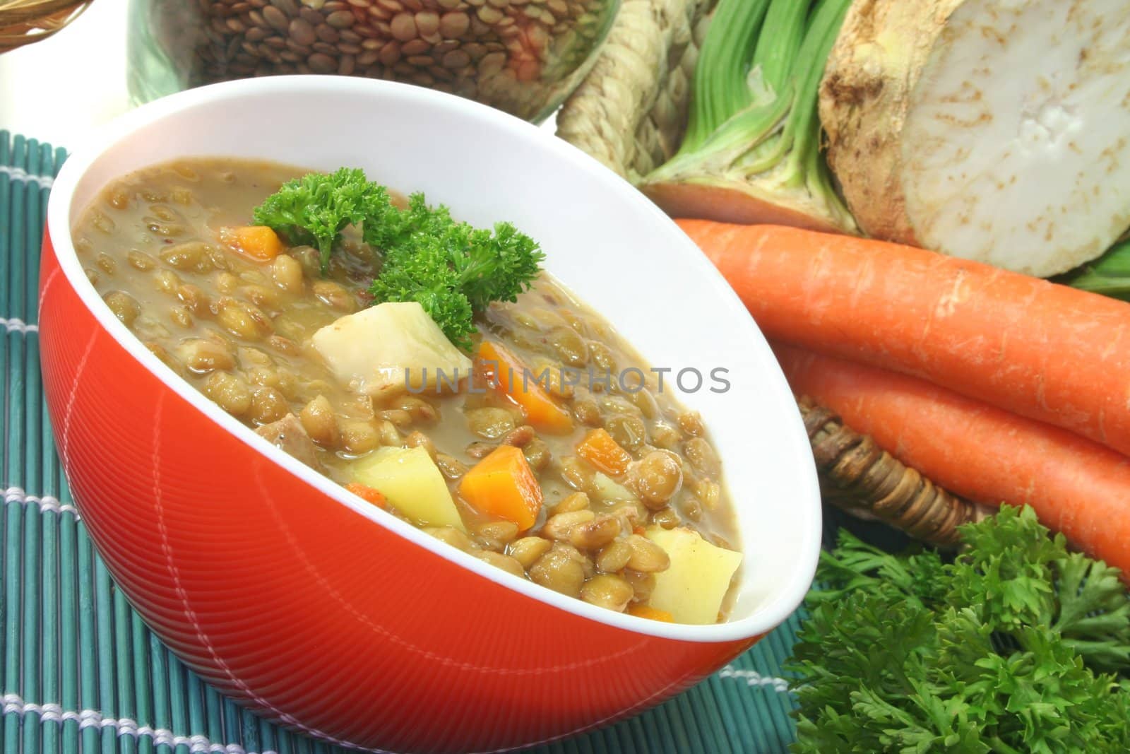 Lentil stew with potatoes, carrots and parsley