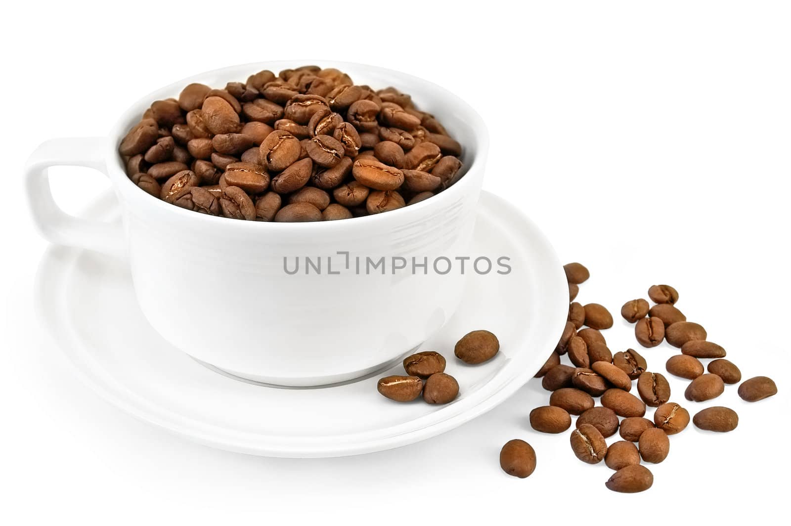 Coffee grains in a white cup, on a saucer and on the table isolated on a white background