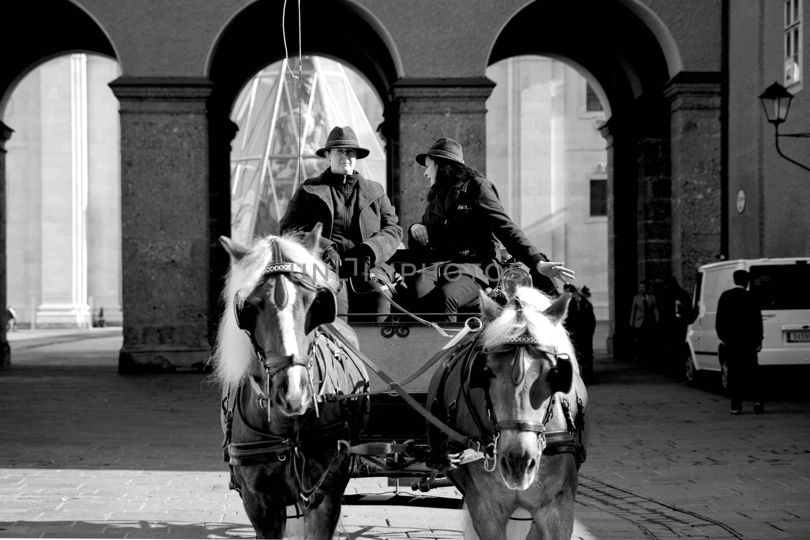Horses and carriage in city center of Salzburg, Austria