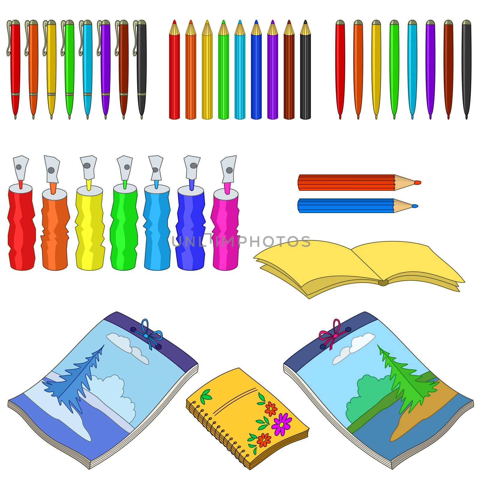 Art tools, set: notebooks, aerosol cans, pencils and pens