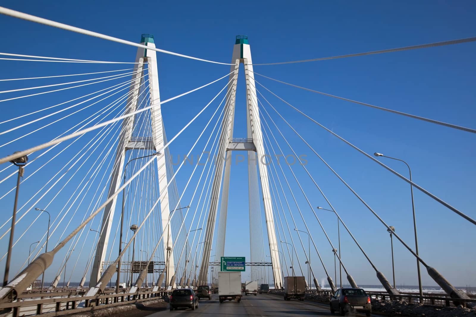 A modern highway bridge. View through the car window.