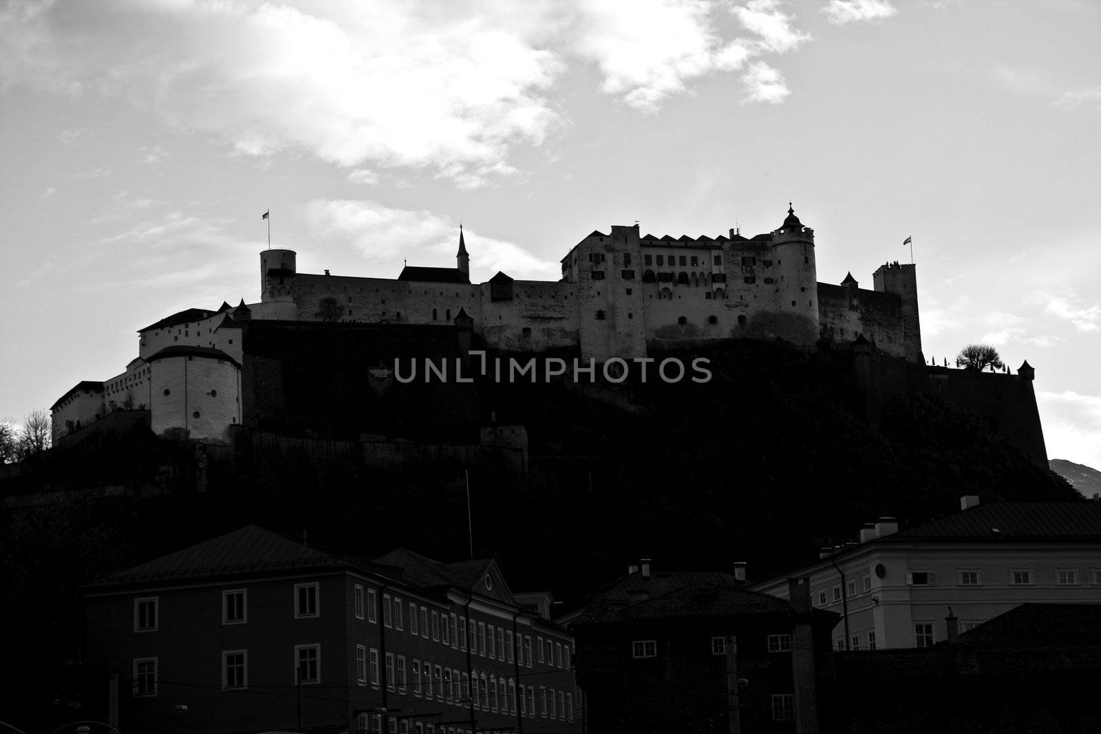 Silhouette of Hohensalzburg castle in Salzburg, Austria