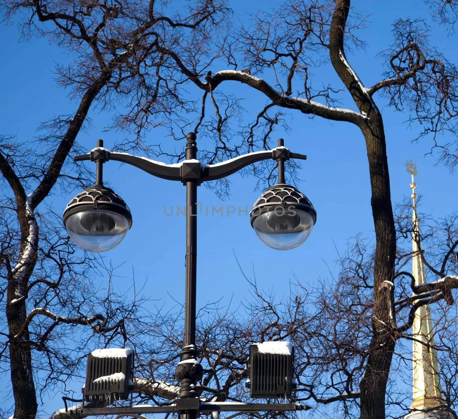 Vintage Street lighting. Against the backdrop of twisting trees and golden spire.