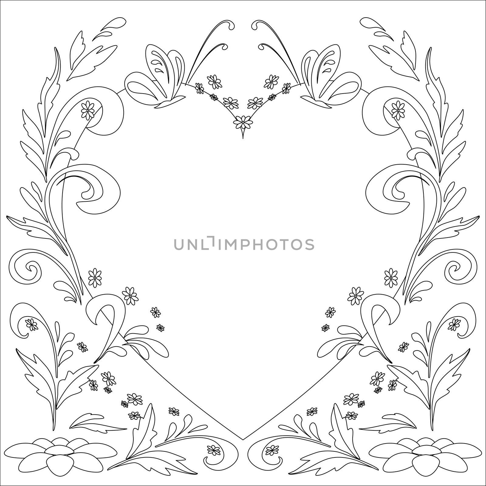 Abstract floral background with flowers and butterflies, contours