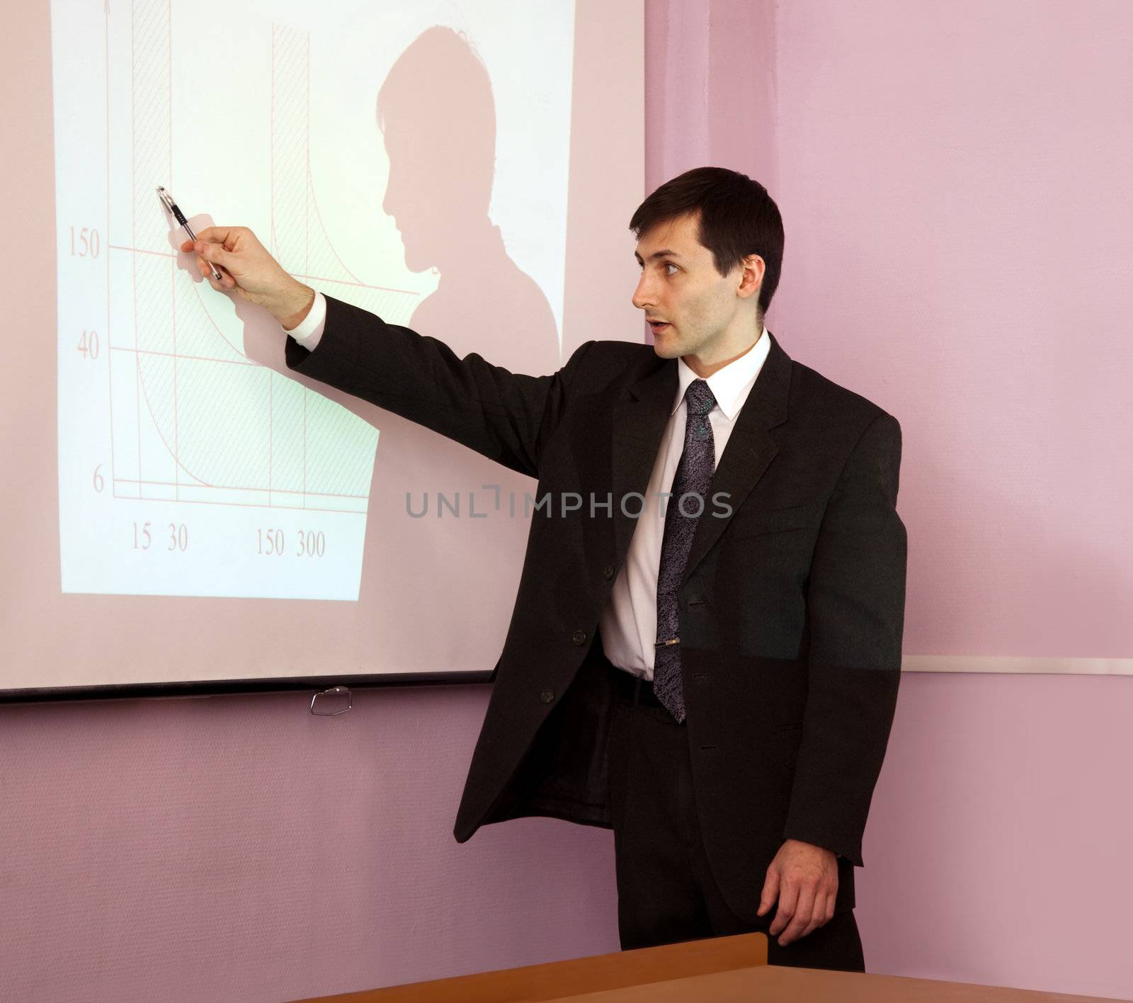 Teacher giving a lecture in the auditorium at the projector screen