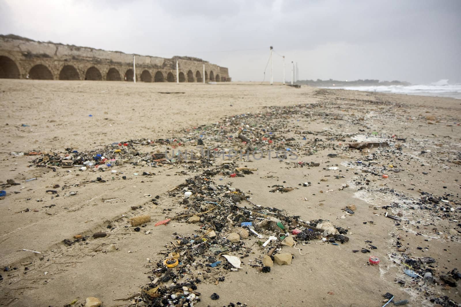 garbage at a stormy day at Mediterranean sea