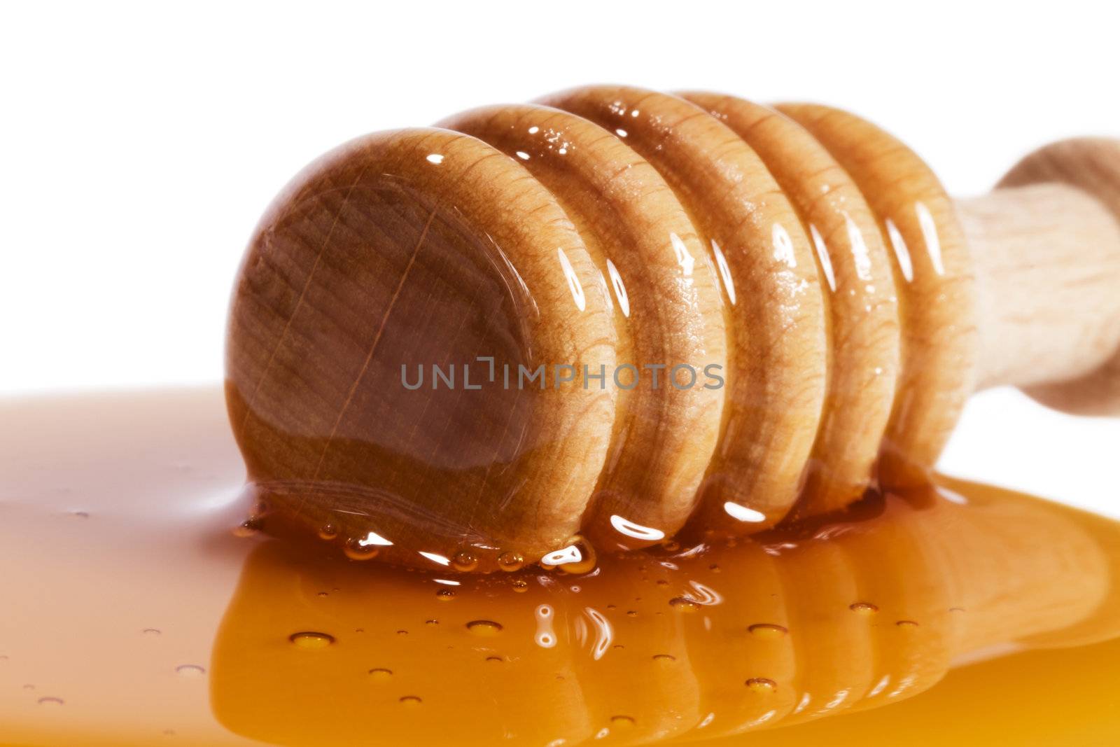 closeup of a honey dipper in a puddle of honey