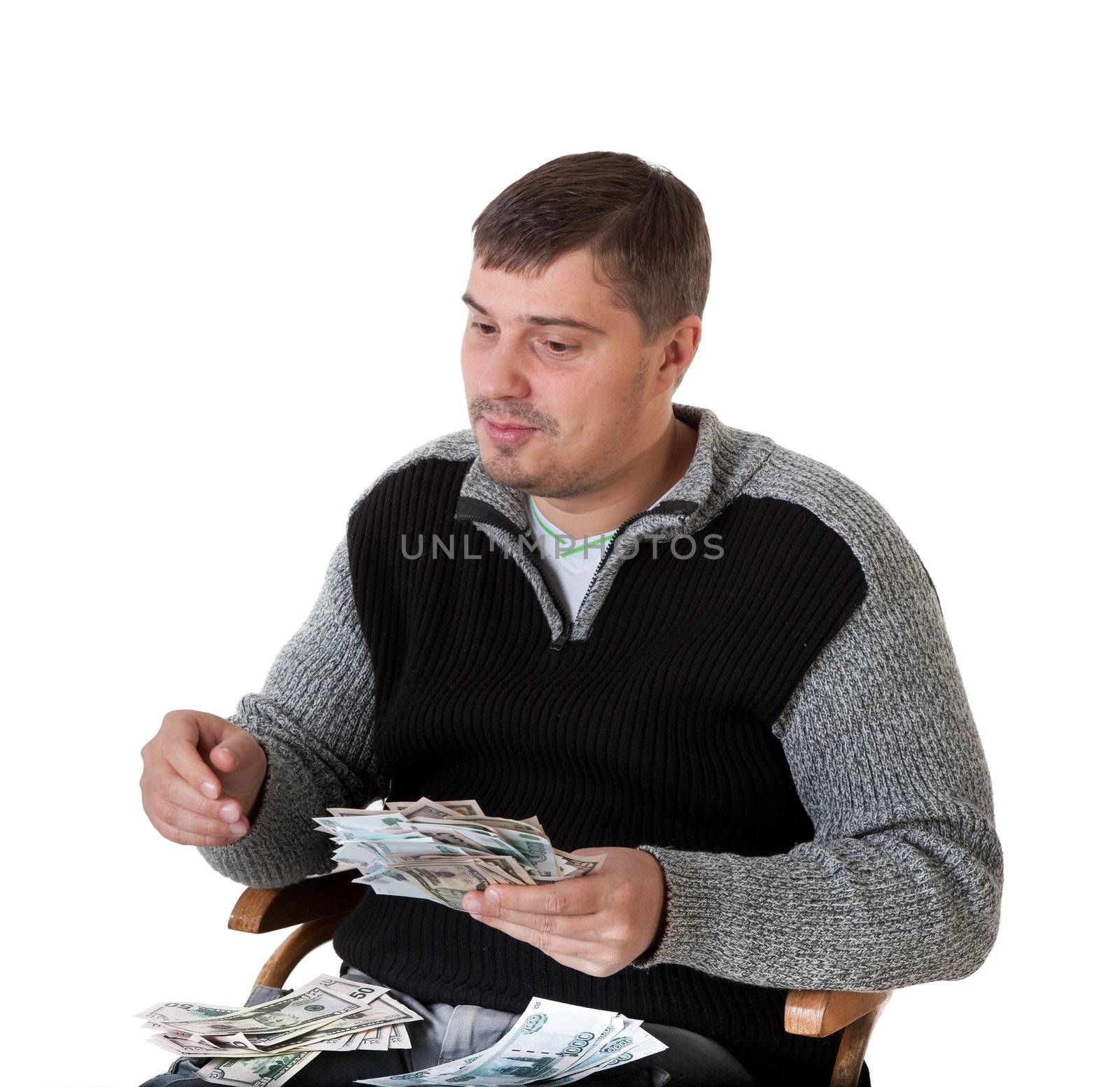 A young man finds money isolated on white with clipping path