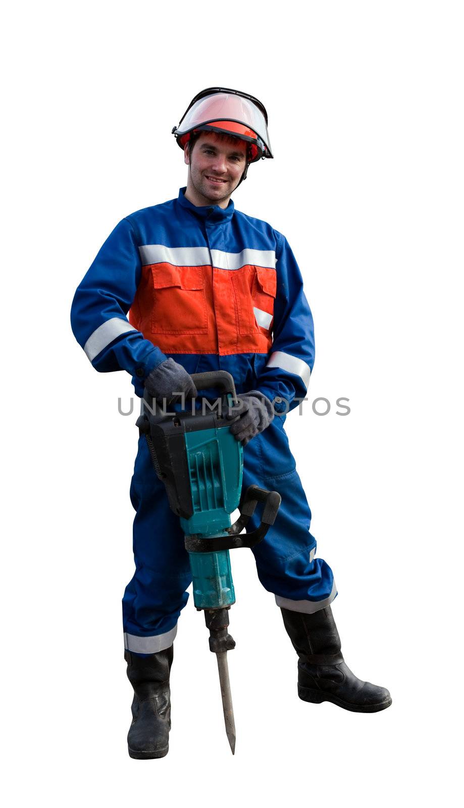 Worker in overalls with  isolated on white with clipping path