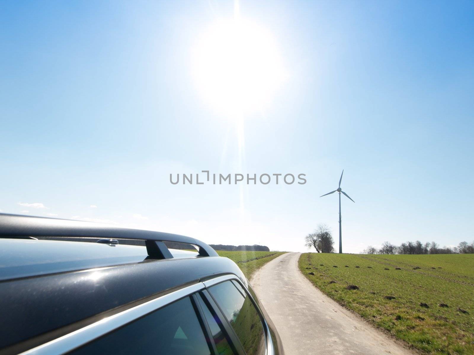 Sustainable energy concept with car wind turbine and sun