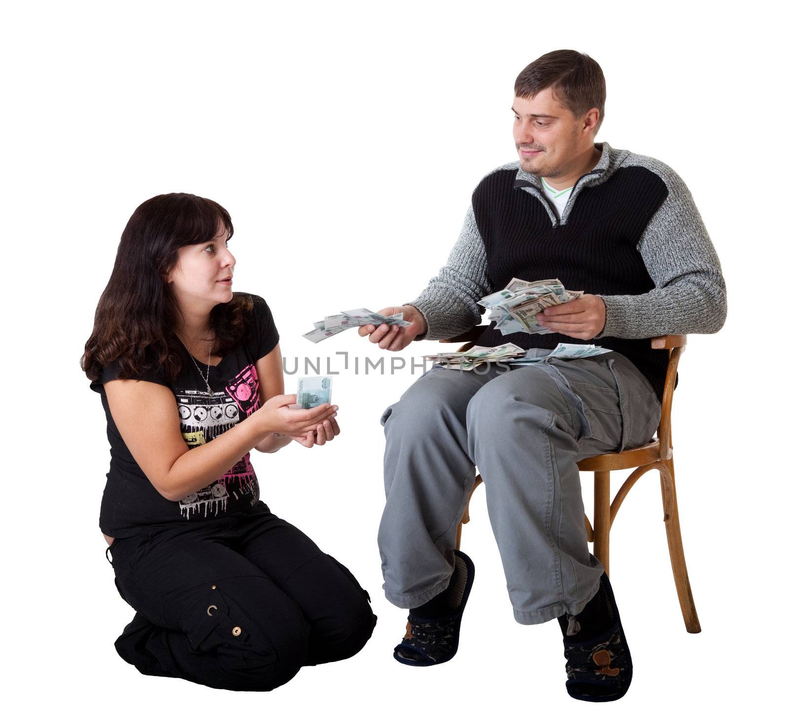 Young couple holding money on white background isolated on white with clipping path