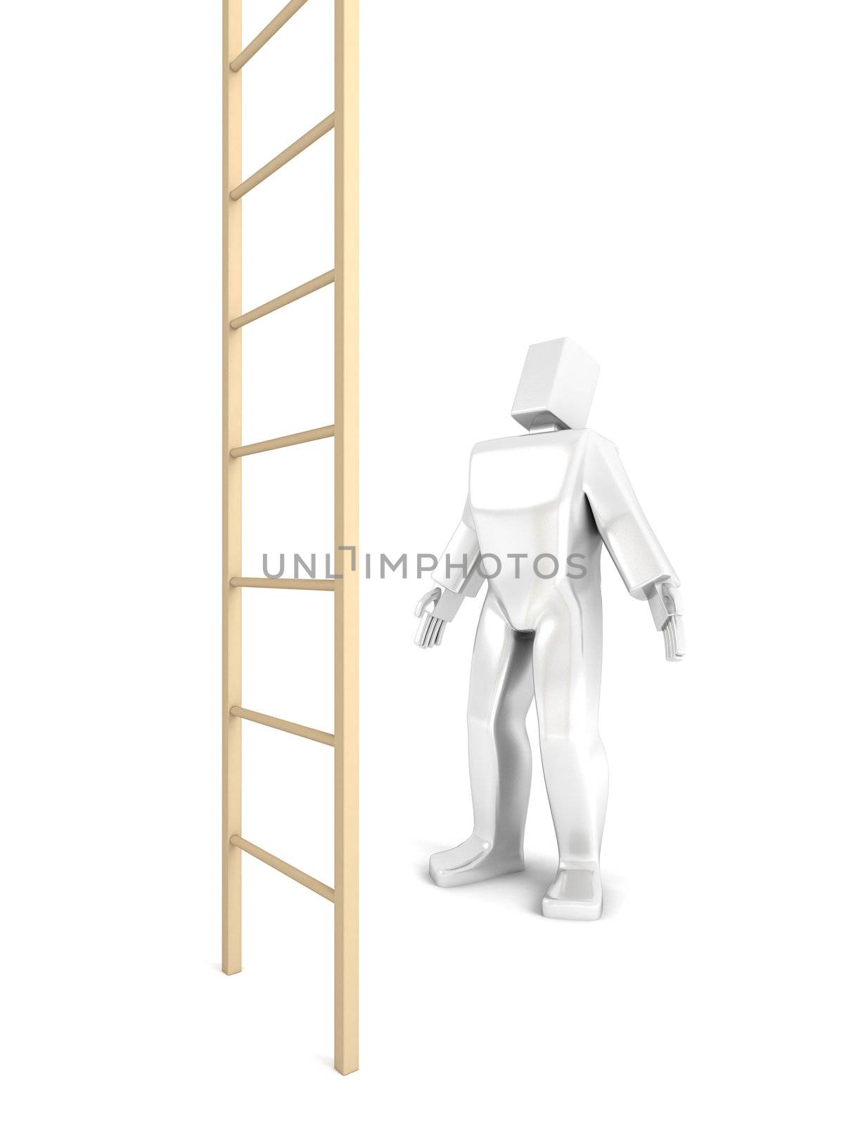 3D Man looks at the stairs illustration isolated on white.