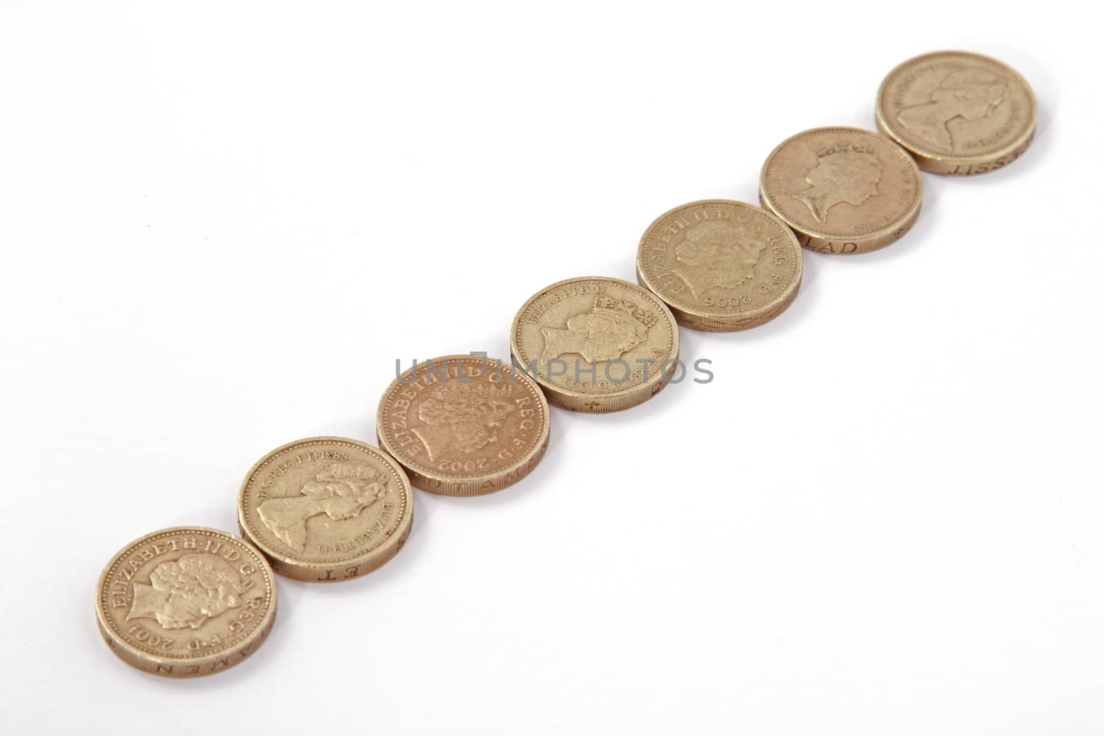 British, UK, pound coins on a plain white background.