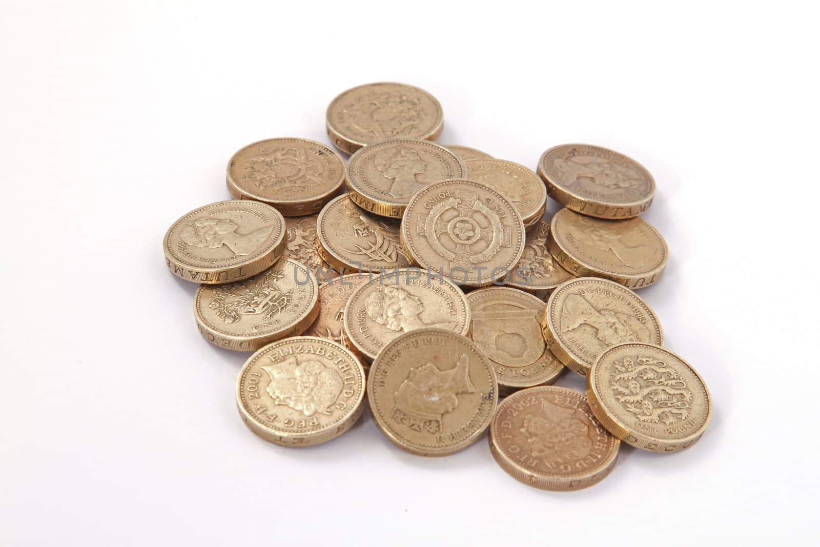 British, UK, pound coins on a plain white background.